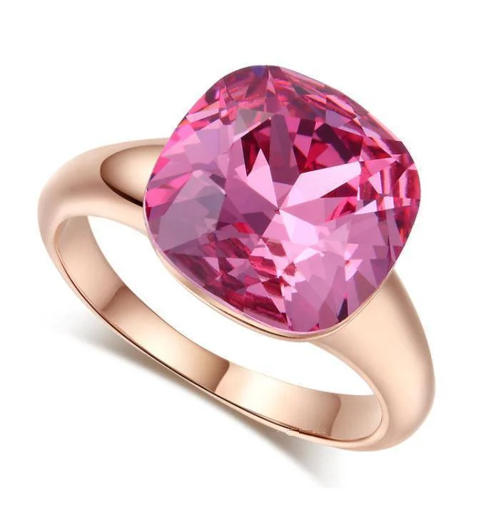 women’s thick necklaces -Perfectly Pink 11mm Cushion Cut Austrian Crystal Cocktail 18K Gold Plated Ring for Women