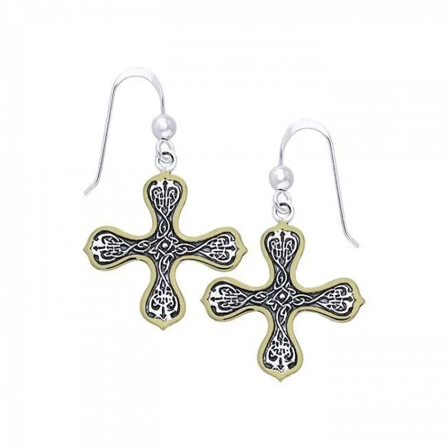 women’s custom earrings -Celtic Cross Gold Accent Silver Earrings MER468