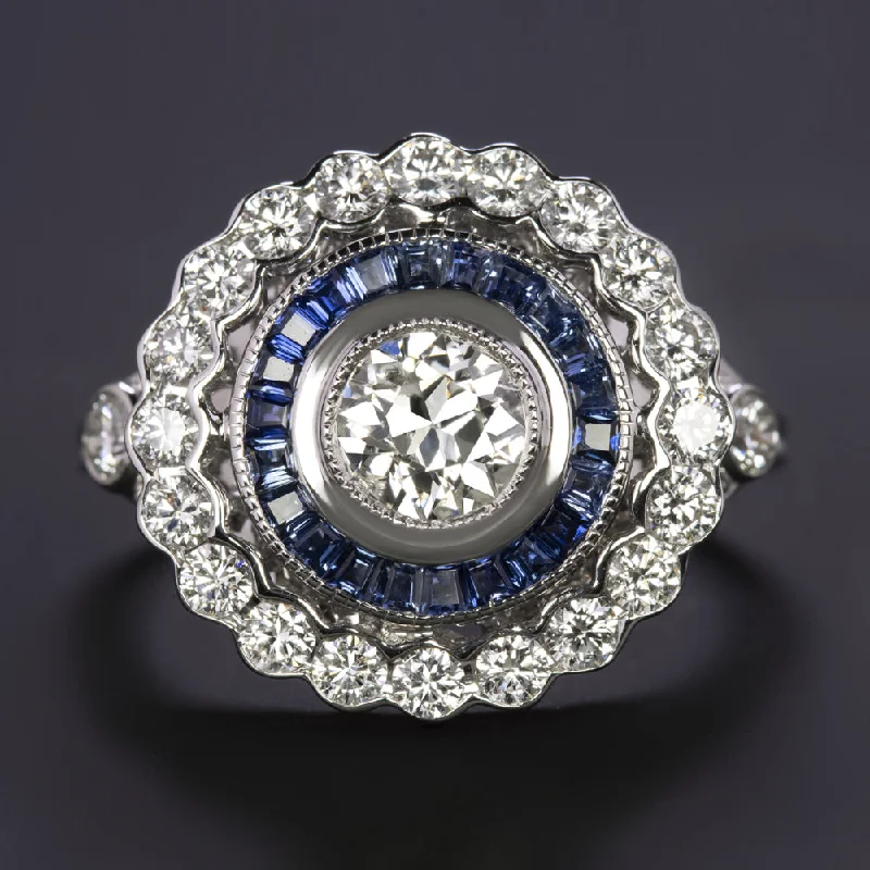 women’s wedding ring sets -DIAMOND SAPPHIRE COCKTAIL RING DOUBLE SCALLOPED HALO TARGET WHITE GOLD NATURAL