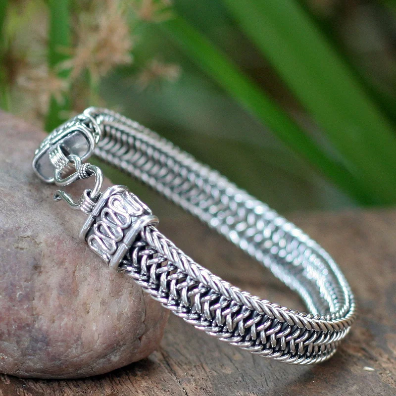 women’s engraved charm bracelets -Kingdom Men's Silver Woven Chain Bracelet