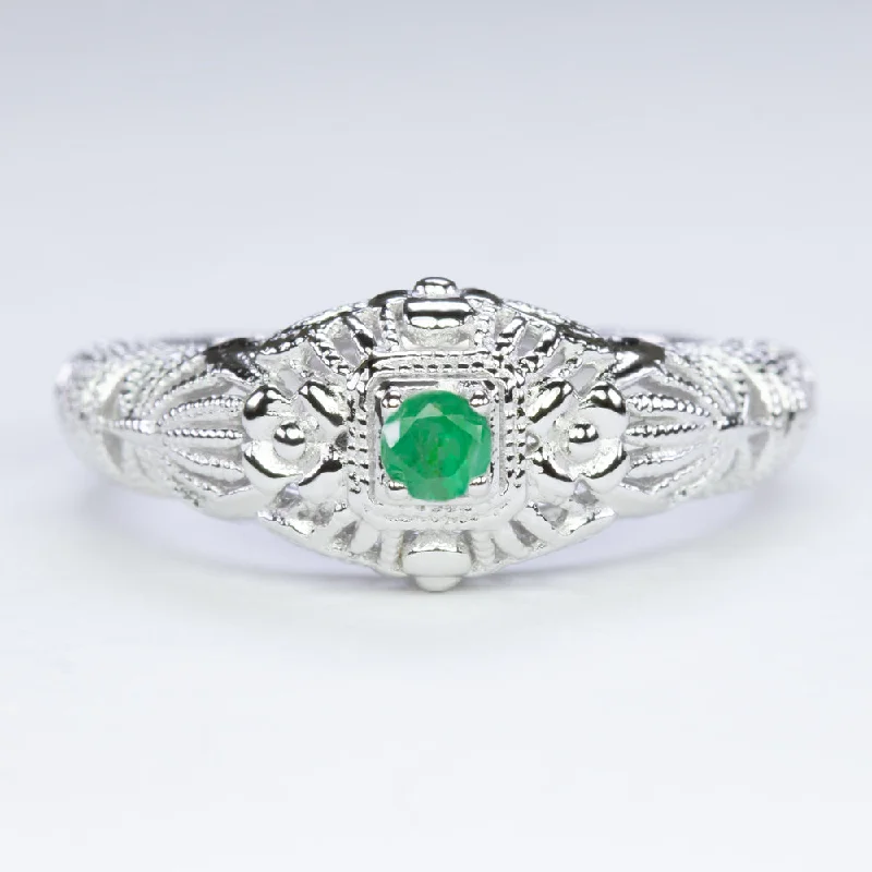 custom rings for women -EMERALD VINTAGE STYLE COCKTAIL RING STERLING SILVER FILIGREE DAINTY ROUND GREEN