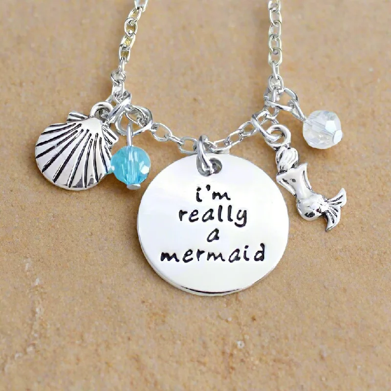 women’s friendship necklaces -I'm Really A Mermaid - Stamped Pendant & Sea Charm Necklace