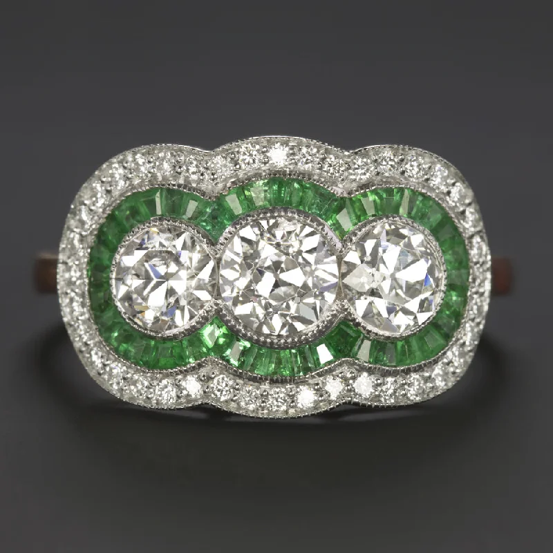 women’s cocktail rings -1.65ctw OLD EUROPEAN CUT DIAMOND EMERALD COCKTAIL RING VINTAGE STYLE 3 STONE