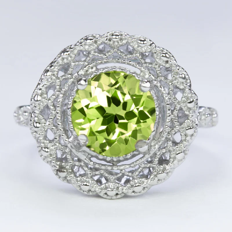 women’s silver rings with gemstones -PERIDOT STERLING SILVER RING VINTAGE STYLE FILIGREE HALO ROUND CUT ART DECO