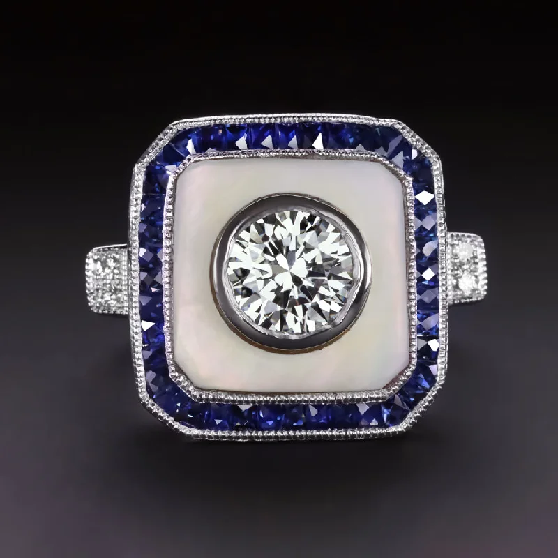 women’s unique rings -1ct DIAMOND SAPPHIRE COCKTAIL RING MOTHER OF PEARL VINTAGE STYLE 18k WHITE GOLD