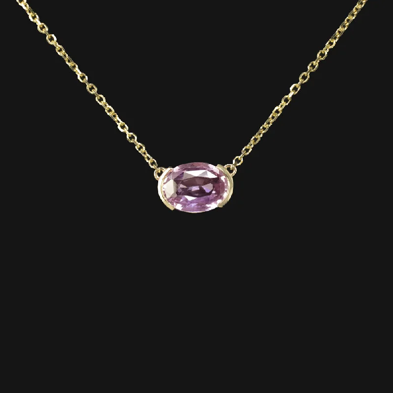 women’s rose gold engagement rings -PINK SAPPHIRE PENDANT NECKLACE OVAL CUT EAST WEST 14k YELLOW GOLD NATURAL 1.17ct