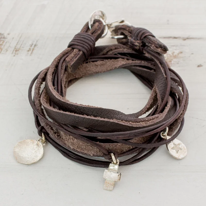 women’s party bangles -Stellar Imprint Leather Fine Silver Wrap Charm Bracelet from Guatemala