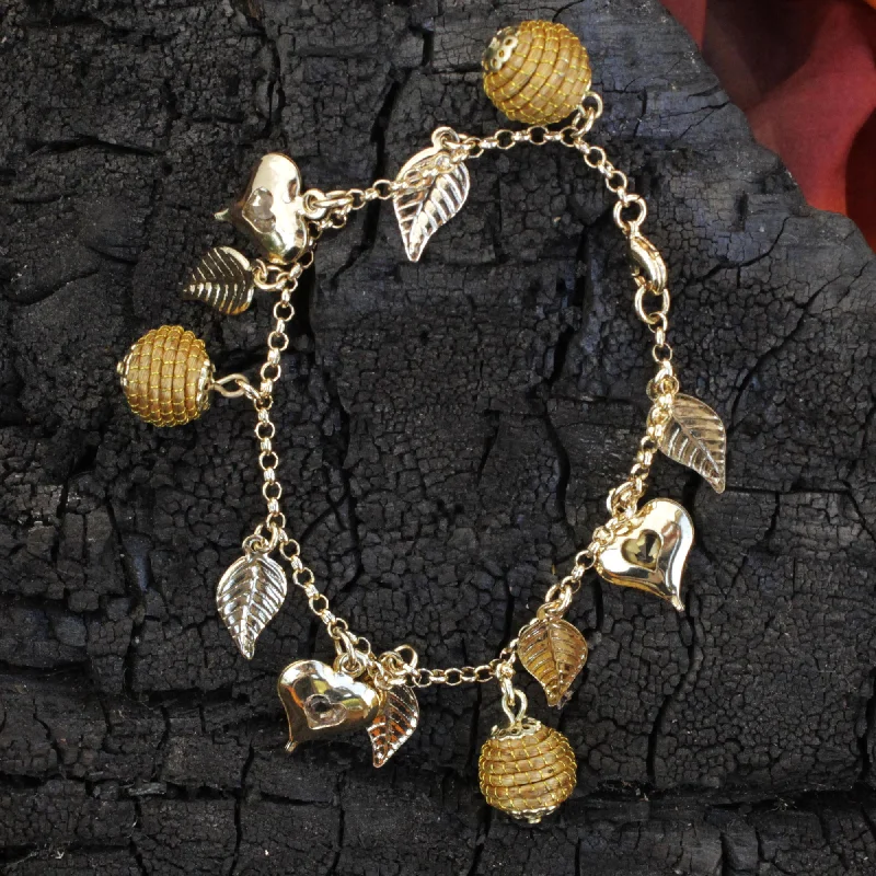 crystal bangles for women -Natural Friend Heart Leaf Beehive Charms on Gold Plated Brazilian Bracelet