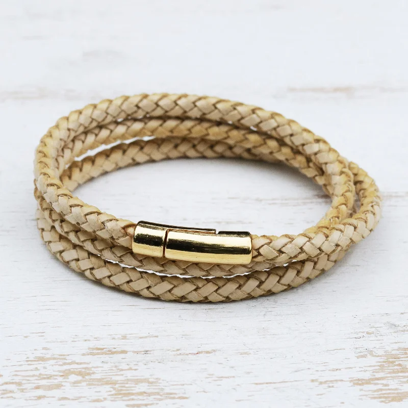 trendy charm bracelets for women -Golden Fortune Natural Leather and 18k Gold Plated Wrap Bracelet