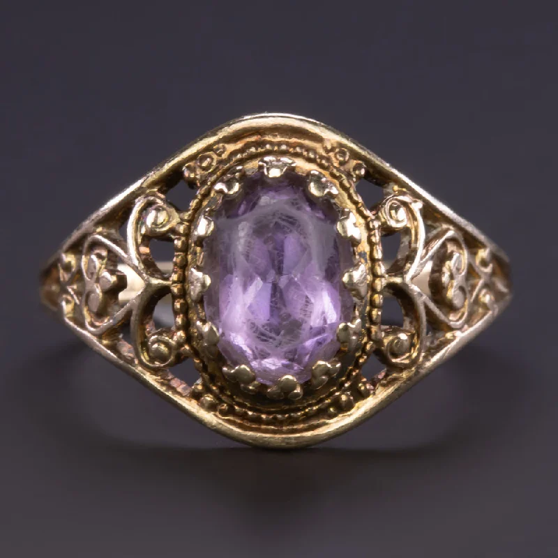 women’s colorful gemstone rings -VINTAGE AMETHYST 10k YELLOW GOLD RING OVAL SHAPE CUT FILIGREE NATURAL COCKTAIL