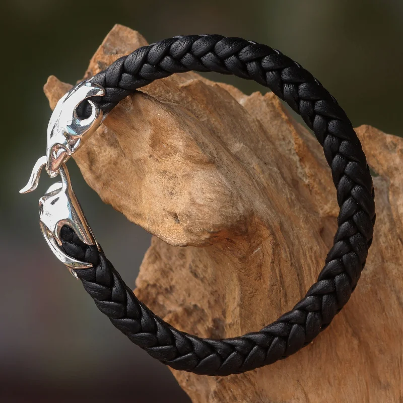 high-quality bangles for women -Tribal Strength Silver Leather Men's Bracelet