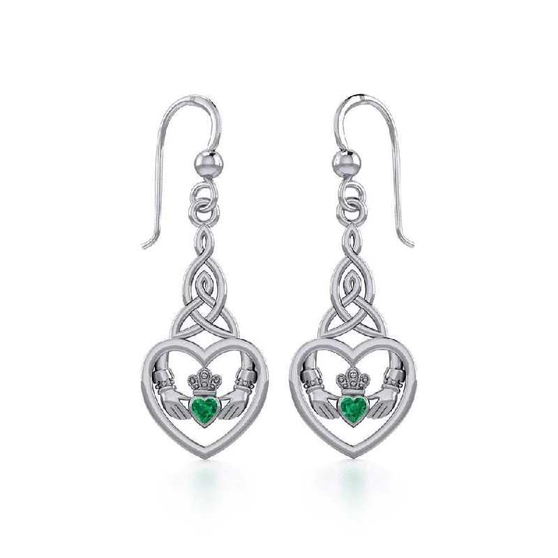 women’s cute earrings -Heart Claddagh with Celtic Trinity Knot Silver Earrings with Gemstone TER1882