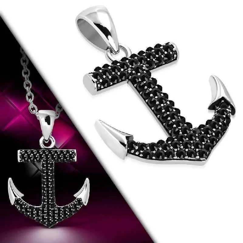 women’s necklaces -CZ Encrusted Mariner's Anchor Stainless Steel Pendant Necklace in Black or White CZ