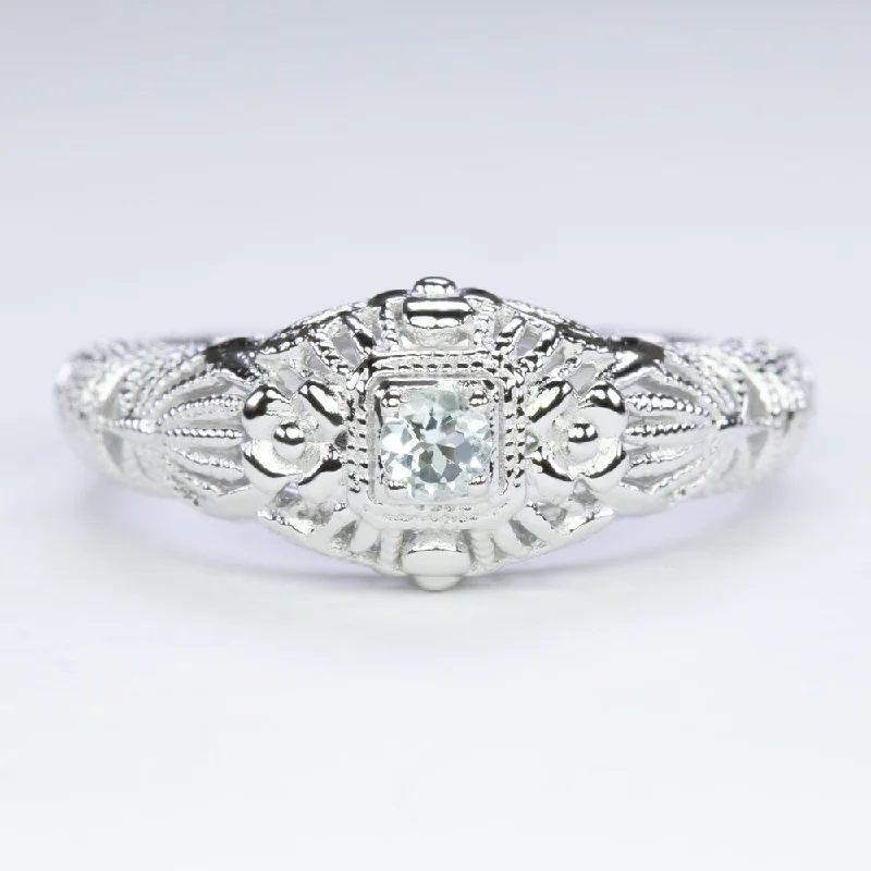 wedding rings for women -AQUAMARINE VINTAGE STYLE COCKTAIL RING STERLING SILVER FILIGREE ROUND CUT BLUE