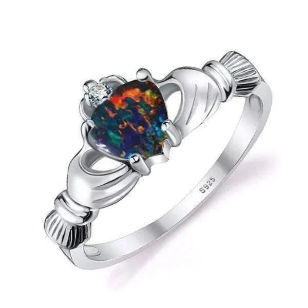 women’s boho-style necklaces -Erin Claddagh Heart 0.4CT Cultured Black Opal IOBI Precious Gems 925 Sterling Silver Ring