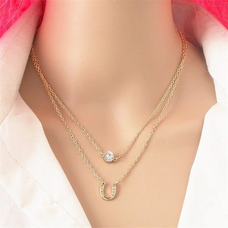 women’s pendant necklaces -Best Of Luck Horseshoe CZ Layered Necklace