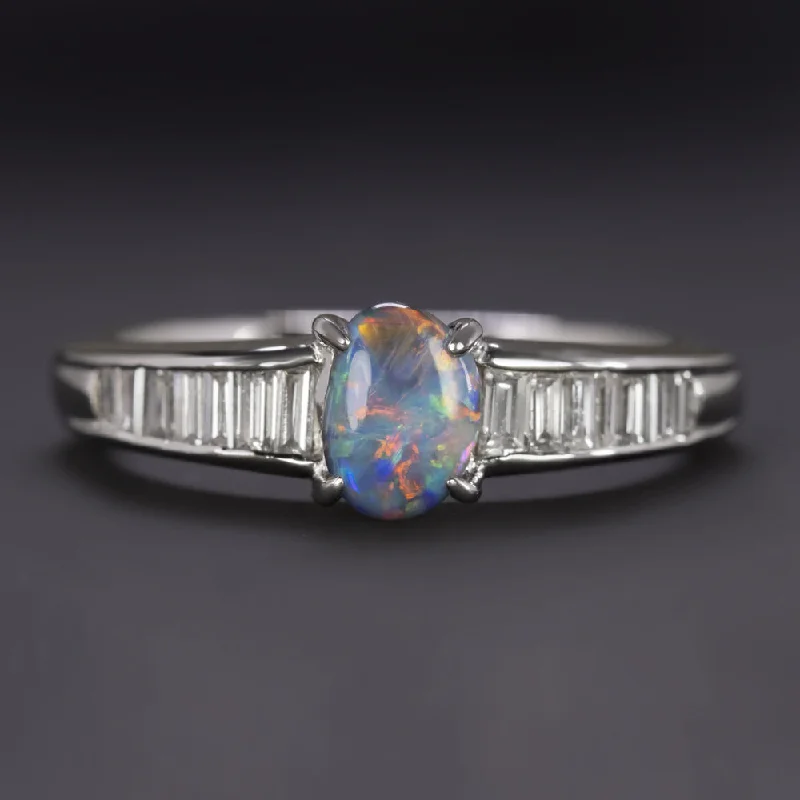 women’s adjustable rings -OPAL DIAMOND COCKTAIL RING PLATINUM OVAL SHAPE BAGUETTE NATURAL GEMSTONE ESTATE