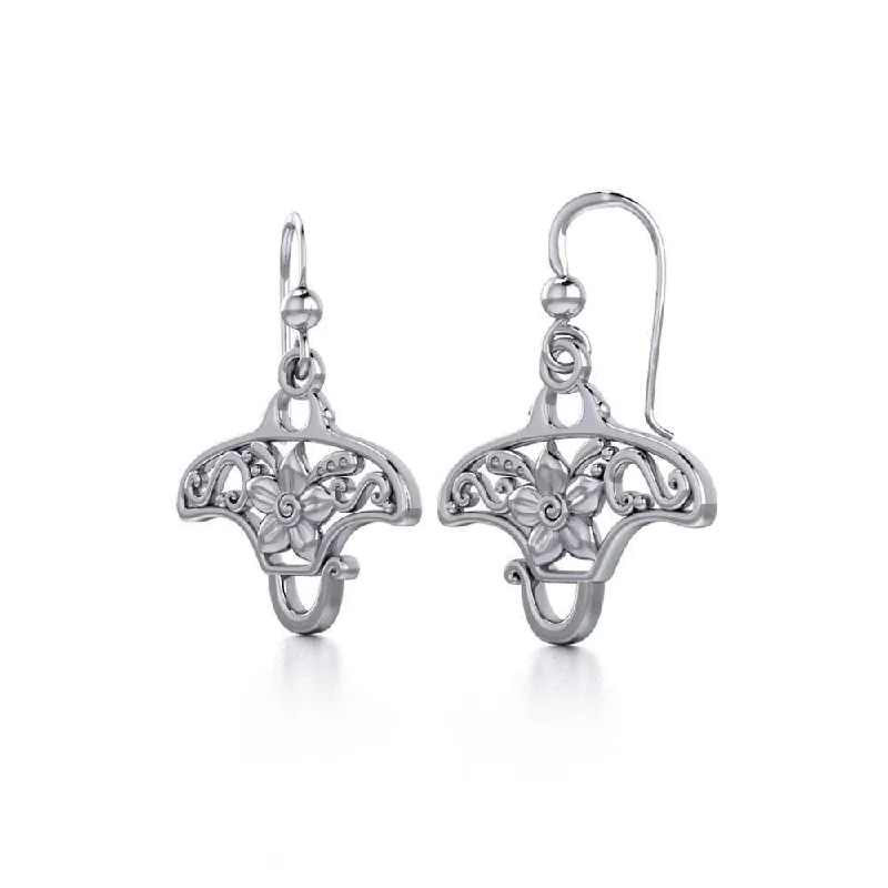 women’s trendy gold earrings -Go with the flow ~ Sterling Silver Manta Ray Filigree Hook Earrings Jewelry TER1705