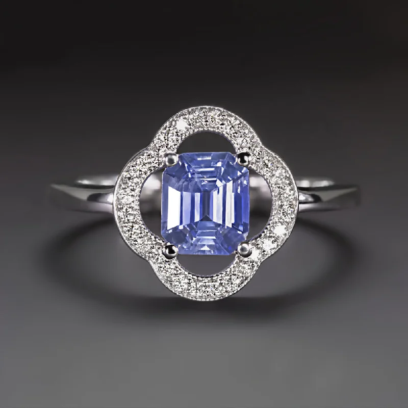 men’s and women’s matching rings -SAPPHIRE DIAMOND COCKTAIL RING EMERALD CUT FLOWER SCALLOPED HALO 14k WHITE GOLD