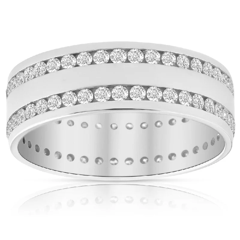 women’s wedding engagement ring sets -Mens 1 3/8Ct Diamond Eternity Ring 10k White Gold Double Row High Polished