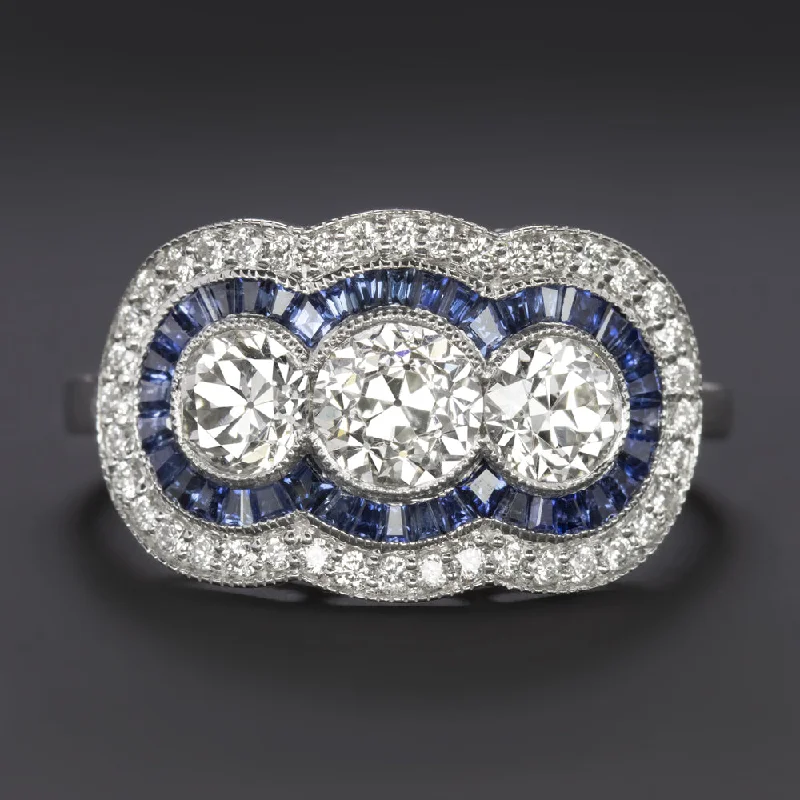 fashion rings for women -OLD EUROPEAN CUT DIAMOND SAPPHIRE RING VINTAGE STYLE HALO ART DECO THREE STONE