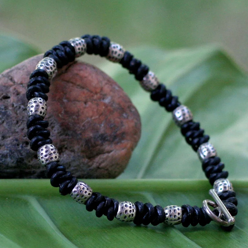 silver cuff bracelets for women -Men's Knotted Leather Bracelet with Silver Accents