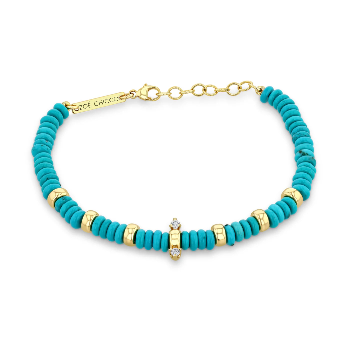 women’s wide bangles -Zoe Chicco 14k Gold & Turquoise Rondelle Bead Bracelet with 2 Prong Diamonds