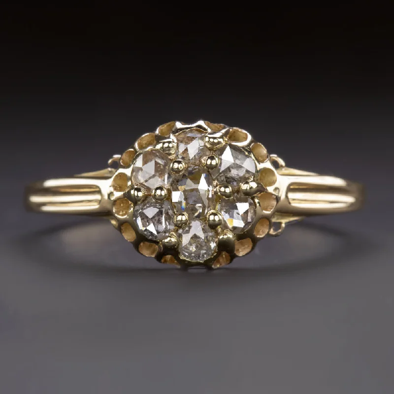 women’s adjustable stacking rings -VICTORIAN DIAMOND CLUSTER RING ANTIQUE OLD CUT YELLOW GOLD ESTATE COCKTAIL