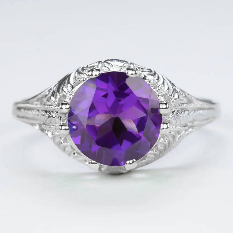 women’s luxury diamond rings -AMETHYST STERLING SILVER RING VINTAGE STYLE SOLITAIRE FILIGREE PURPLE ART DECO