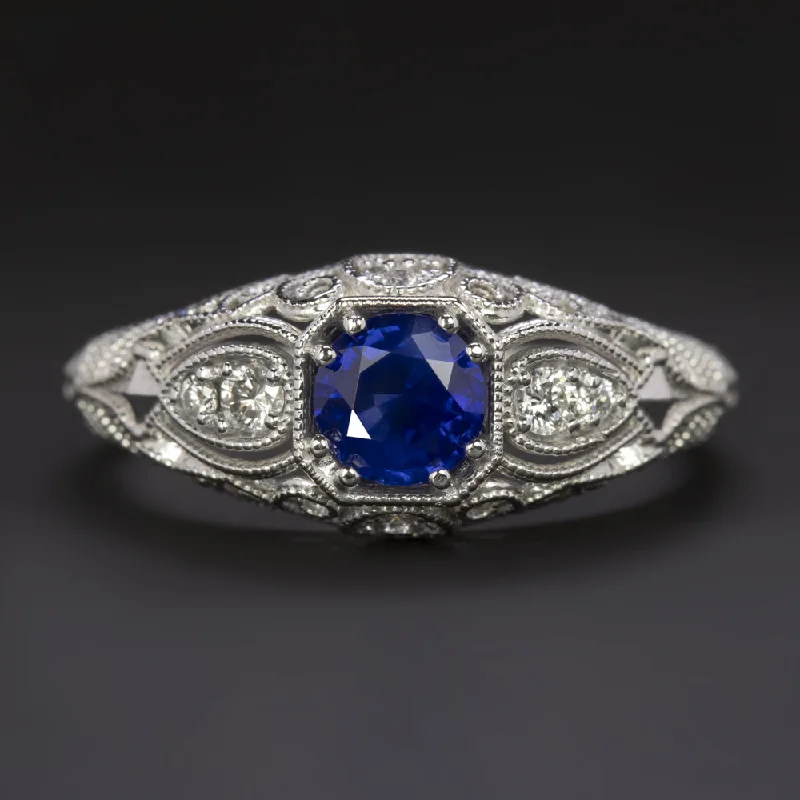 women’s promise bands -SAPPHIRE DIAMOND VINTAGE STYLE RING ENGAGEMENT 14k WHITE GOLD NATURAL FILIGREE