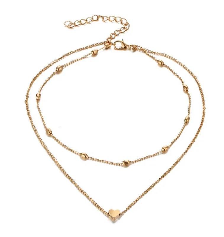 gold necklaces for women -Beaded Heart Double Layer Choker Necklace for Woman