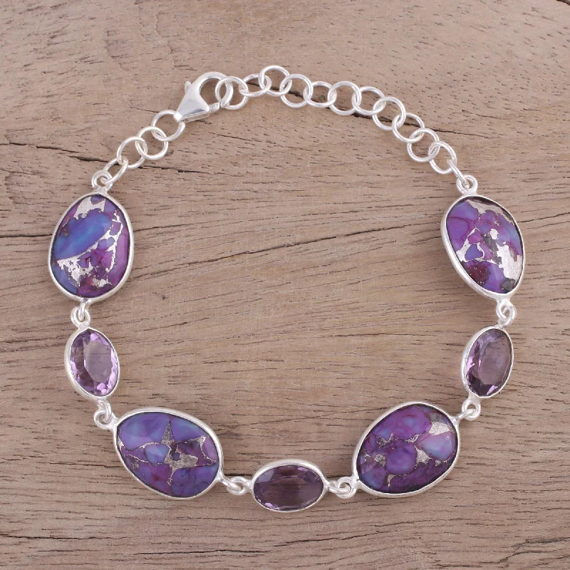 simple bracelets for women -Gleaming Lilac Amethyst and Purple Turquoise Bracelet from India