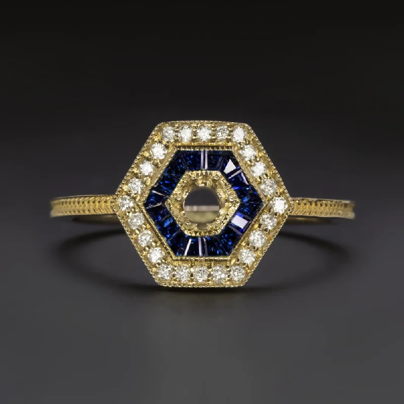 women’s geometric rings -DIAMOND SAPPHIRE RING SETTING 4mm SEMI MOUNT VINTAGE STYLE ART DECO YELLOW GOLD