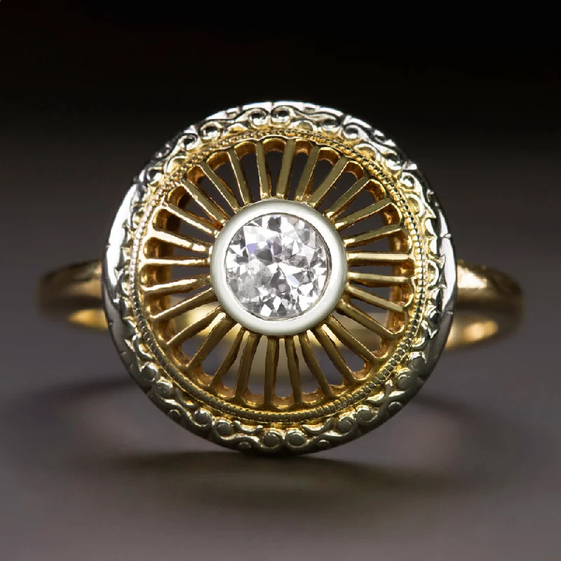 women’s promise rings -VINTAGE DIAMOND COCKTAIL RING 1/4ct OLD EUROPEAN CUT 14k YELLOW GOLD WHEEL SPOKE