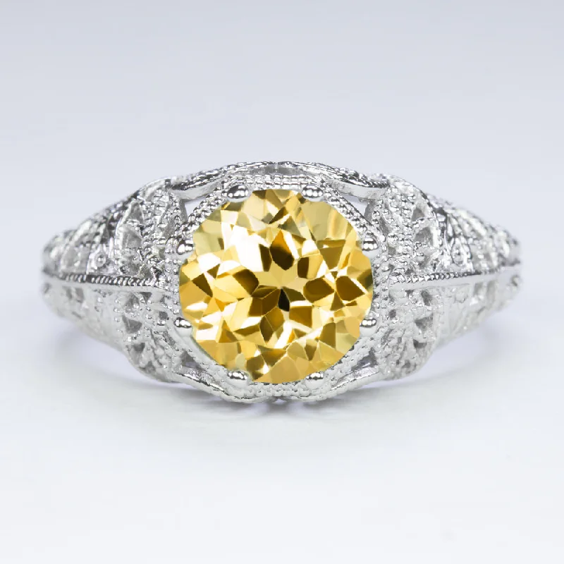 luxury rings for women -CITRINE VINTAGE STYLE SOLITAIRE RING STERLING SILVER FILIGREE ART DECO ROUND CUT