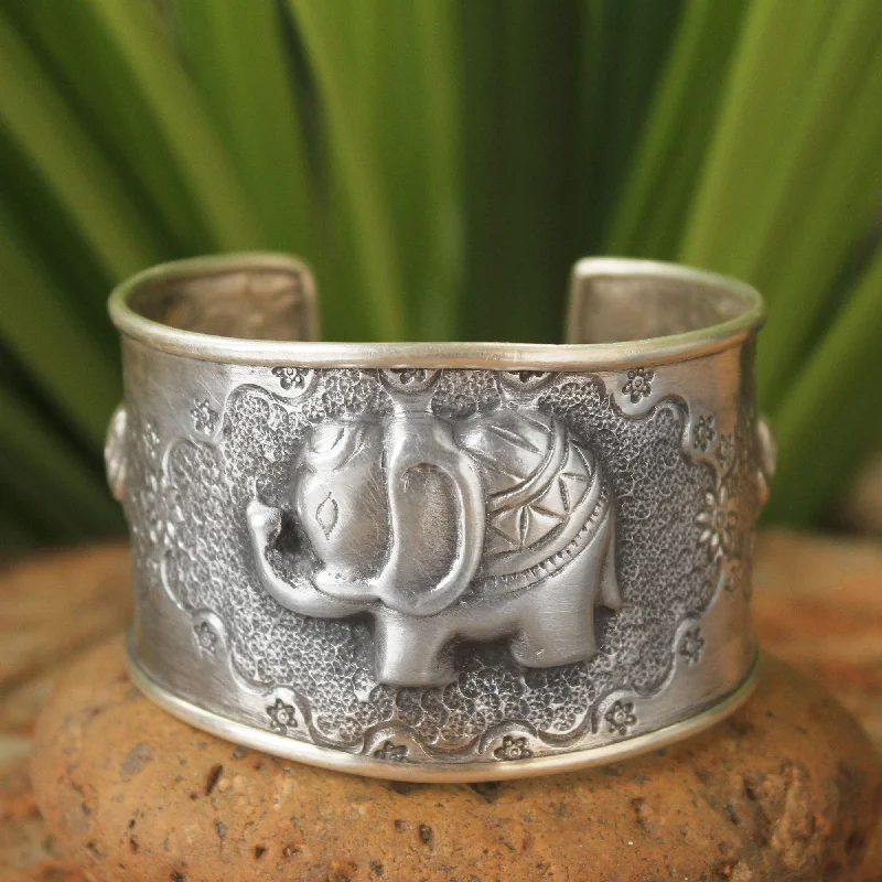 custom bangles for women -Elephant Statement Cuff Sterling Silver Bracelet