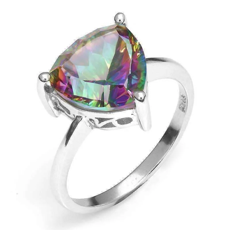 women’s diamond chokers -Rainbow Fire Genuine Mystic Topaz Trillion Cut 3CT IOBI Precious Gems Solitaire Ring