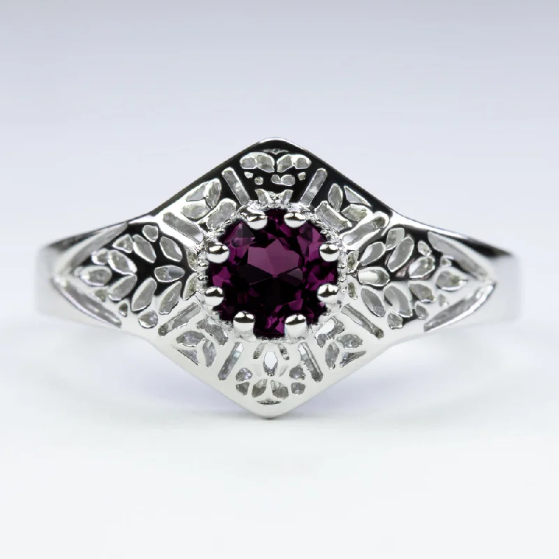 women’s diamond cocktail rings -RHODOLITE GARNET STERLING SILVER RING VINTAGE STYLE FILIGREE GEMSTONE ART DECO