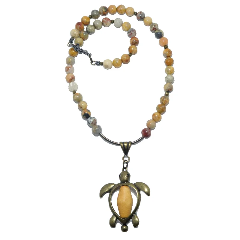 women’s oval stone necklaces -Crazy Lace Agate Necklace Positive Turtle Wood Brass