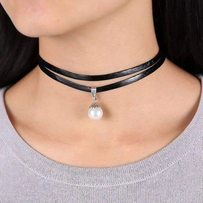 women’s handmade necklaces -Pearl Bead Solitaire Two Strand Black Leatherette Choker Necklace