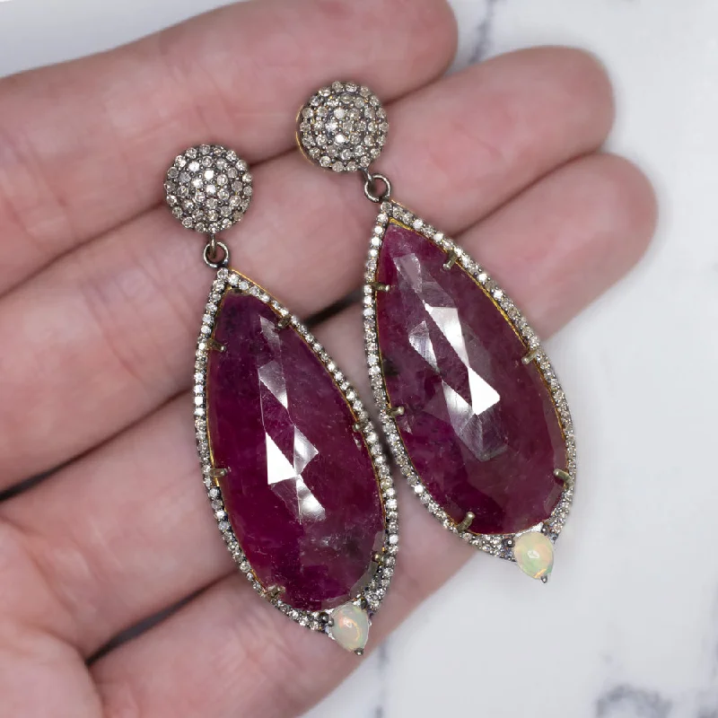 women’s birthstone rings -NATURAL RUBY DIAMOND EARRINGS STATEMENT DROP DANGLE PEAR TEARDROP RED BIG LONG