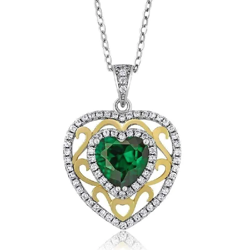 women’s multi-stone necklaces -Romance Green Nano Emerald Heart IOBI Precious Gems Sterling Silver and 18K Yellow Gold Pendant Necklace for Women