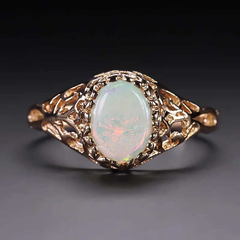 vintage rings for women -VINTAGE OPAL SOLITAIRE RING 14k YELLOW GOLD FILIGREE NATURAL OVAL SHAPE ESTATE