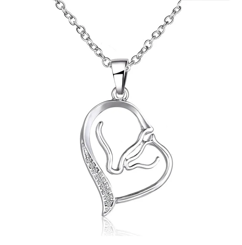 women’s heart pendant necklaces -14K White Gold Plated Horse Mother & Baby Heart Necklace Pendant for Woman Horse Lover Gift