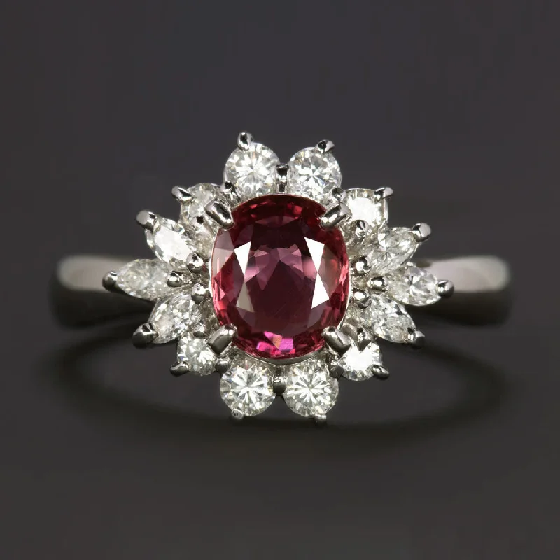 women’s luxury diamond rings -1.64ct RUBY DIAMOND COCKTAIL RING PLATINUM HALO OVAL NATURAL OVAL SHAPE CLUSTER