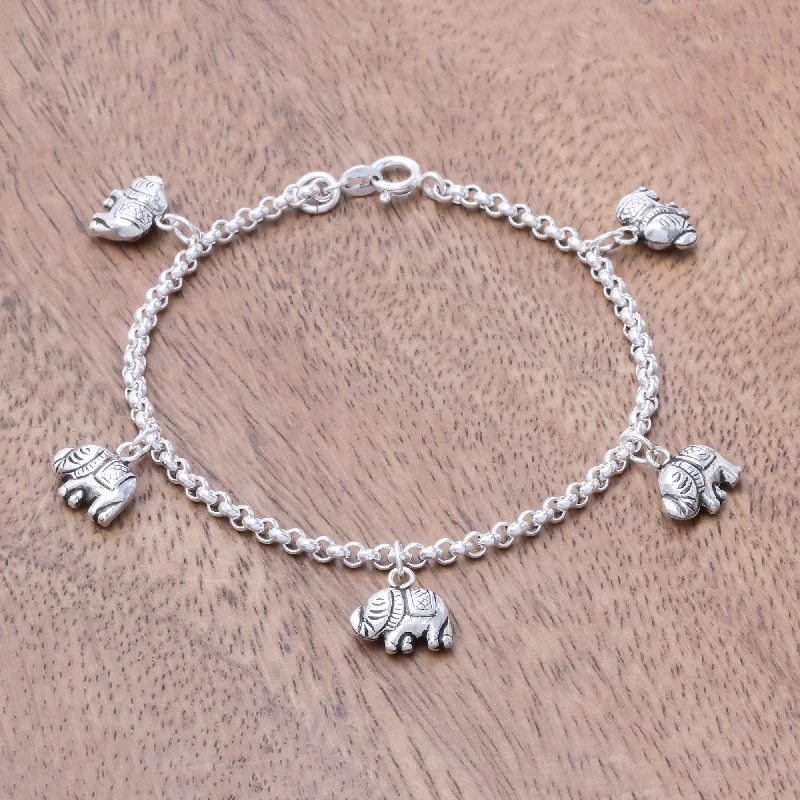 boho bangles for women -Elephant Marvel Sterling Silver Elephant Charm Bracelet from Thailand