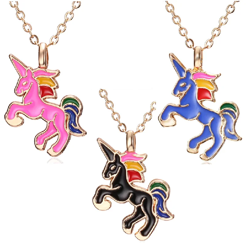 women’s pendant chain necklaces -A Little Fantasy Unicorn Gold & Enamel Necklace In Blue Black or Pink