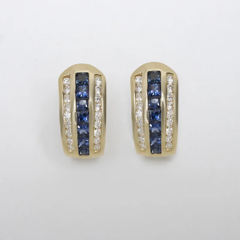 women’s gold gemstone rings -2.10ct SAPPHIRE DIAMOND HUGGIE EARRINGS CHANNEL SET HOOP 14k YELLOW GOLD NATURAL