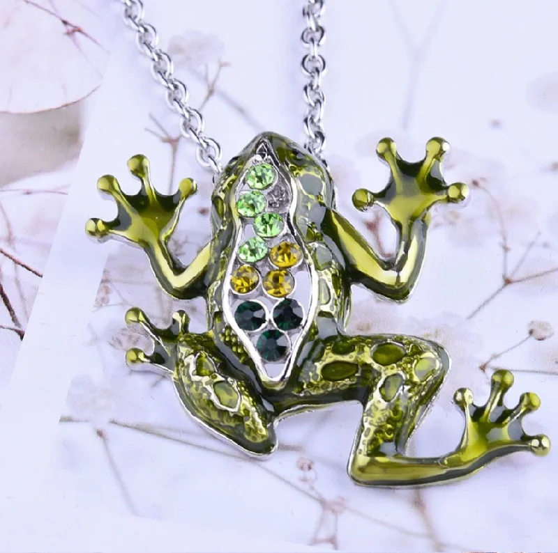 women’s chakra necklaces -Fabulous Frog Enamel & CZ Pendant Necklace for Woman