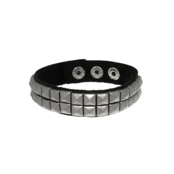 crystal bangles for women -Jewelry Trends Black Leather Steel Two Row Pyramid Stud Bracelet with Adjustable Snaps